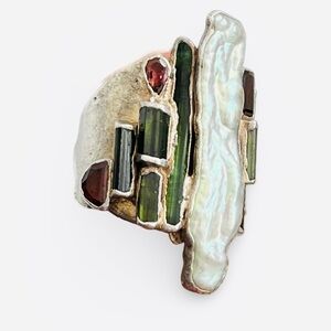 Vintage C + R 99% Pure Silver Green and Pink Tourmaline Garnet Pearl Ring Size 7